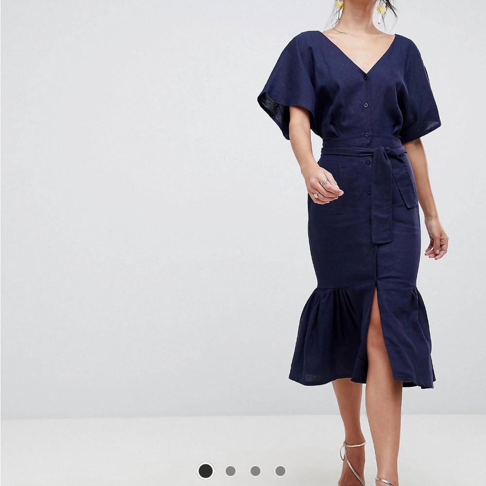 ASOS Design Linen Button Through Pephem Navy Blue Midi Dress US4